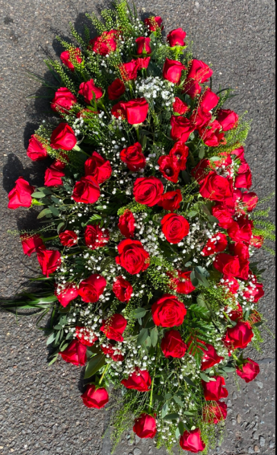 Red rose coffin spray - Stunning “say it with love” 5 to 6 foot coffin spray full of fresh best red roses luxury foliage and gyp