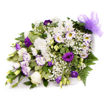 Sympathy Flowers SYM-335 - A selection of purple and white flowers in cellophane.